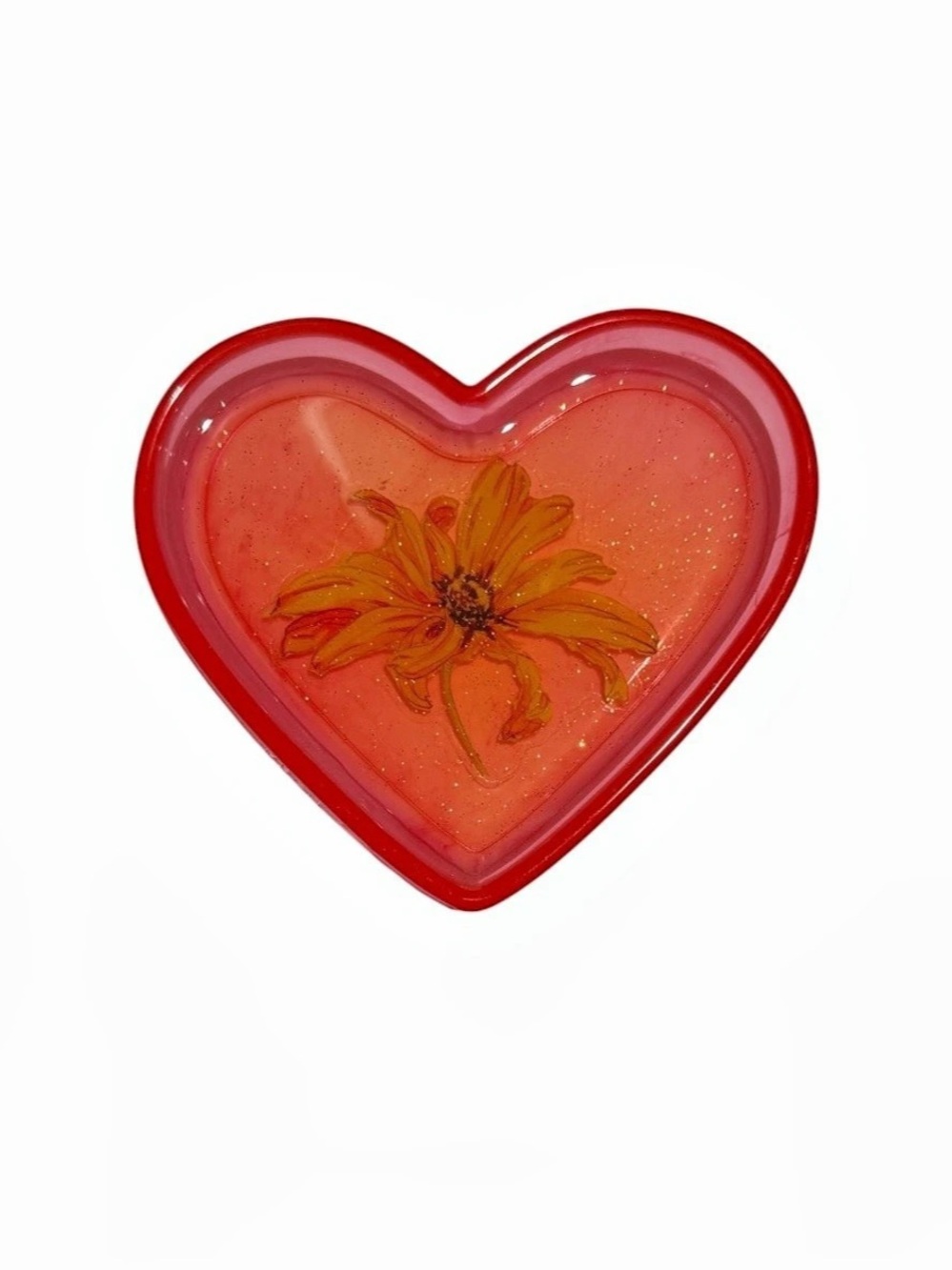 Handcrafted Red Glitter Resin Heart Floral Decor/Trinket Dish